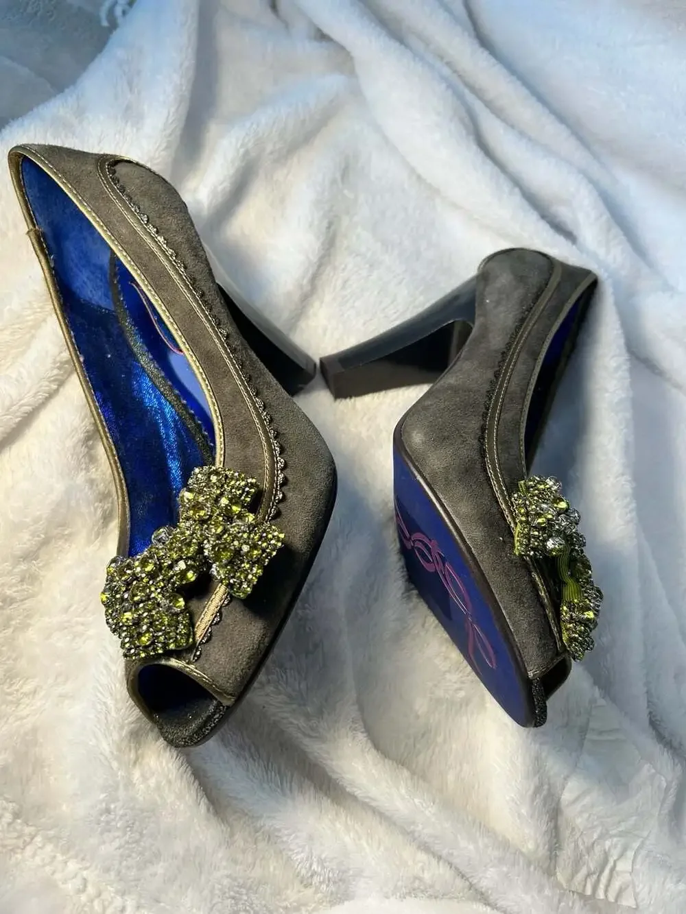 New Poetic Licence London Suede Peep Toe Pumps with Rhinestone Bow Embellishment